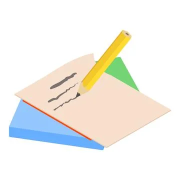 Pencil writing icon isometric vector. Pencil write on paper sheet and stack book Stock Illustration