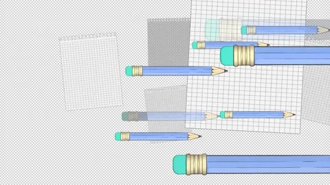 Pencils and notepad sheets fly across the screen on a blank background. Stock Footage 150859893