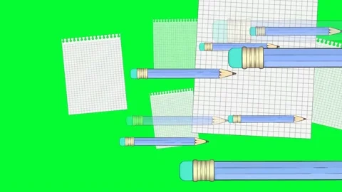 Pencils and notepad sheets fly across the screen. Animation. Stock Footage 150860670