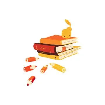 Pencils and stack of books with pear lying on top of its cartoon style Stockillustratie