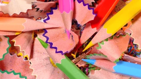 Pencils lying in pile of pencil chips 库存影片 70210552