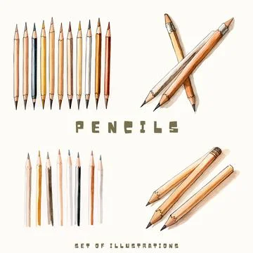 Pencils set isolated on white background. Hand drawn vector illustration. Illustrazione stock
