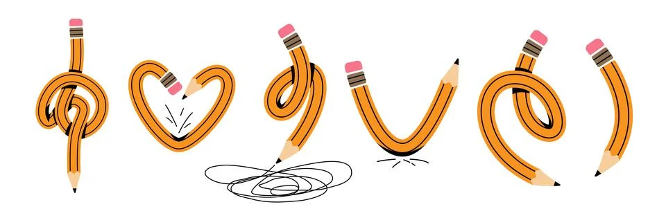 Pencils set vector illustration. Twisted flexible yellow simple pencil in dif Stock Illustration