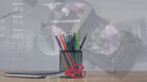 Pencils staying while ghost card reader and HUD charts appearing drifting fading Stock Footage 326973952