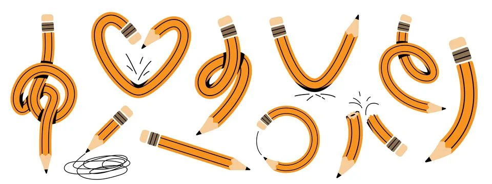 Pencils vector illustration. Twisted flexible yellow simple pencil in diffe.. Stock Illustration