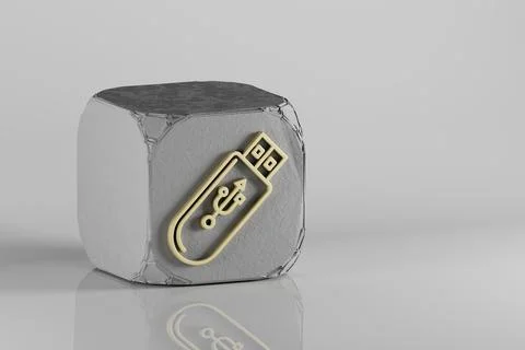 Pendrive Device icon. Beautiful Golden music symbol icons on a beton cube and Illustrazione stock