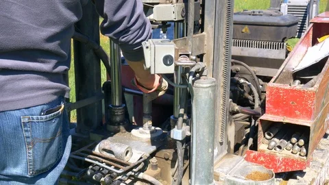 Penetrometer testing soil for geotechnical engineering purpose. Close up of mach Stock Footage 110908006