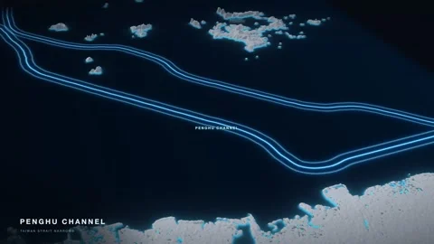 Penghu Channel 3D White Terrain Relief Map With Glowing Shipping Route Stock Footage 343538564