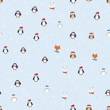 Penguin and owl seamless pattern with foxes, Santa hats, scarves plus snowflakes Stock Illustration