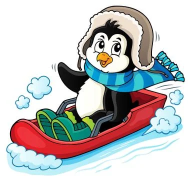 Penguin on bobsleigh theme image 库存插图