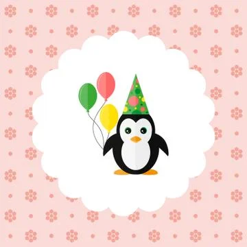 Penguin in the cap and with balloons Stock Illustration