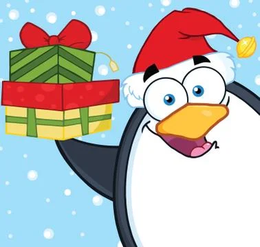 Penguin Cartoon Character Holding Up A Stack Of Gifts 스톡 일러스트