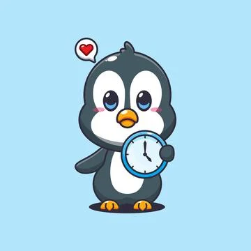 Penguin cartoon vector illustration with clock Stock Illustration