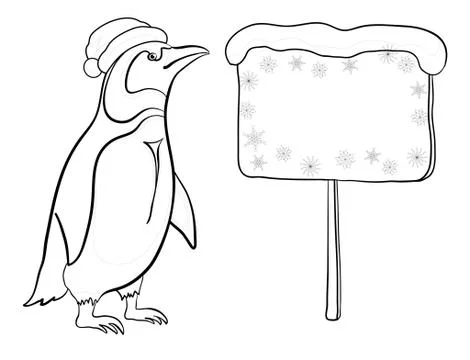 Penguin with Christmas poster, outline Stock Illustration