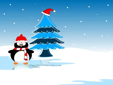 Penguin with Christmas tree on the reflection of icy water. vector illustra.. Stock Illustration