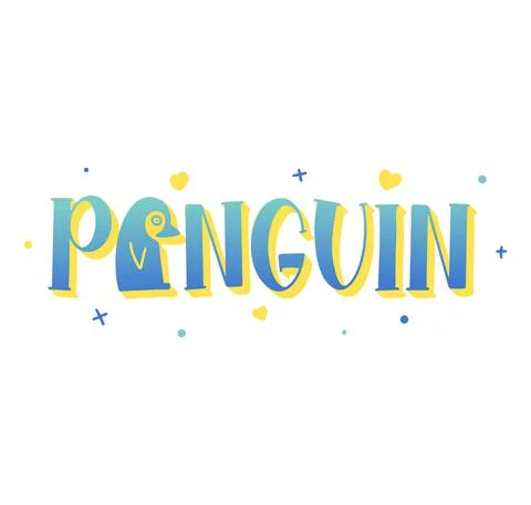 Penguin colored vector illustration with lettering isolated on white background Stock Illustration