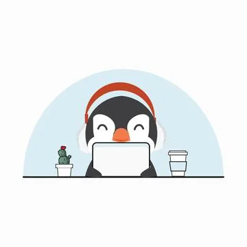 Penguin with computer, coffee cup, cactus Illustrazione stock
