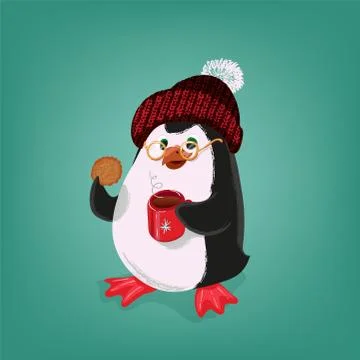Penguin with cookie and cup of tee merry vector illustration Stock Illustration