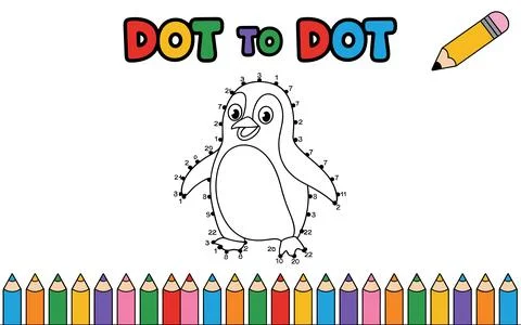 Penguin dot to dot activity with colorful pencils and text Stock Illustration