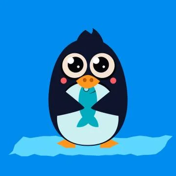 Penguin Eating Fish on Ice. Vector Illustartion Stock Illustration