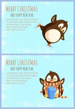 Penguin Falling and Sitting with Present Vector Stock Illustration