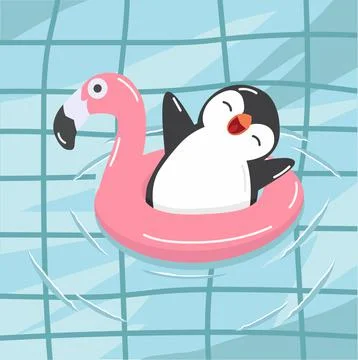 Penguin with flamingo float at the pool Stock Illustration