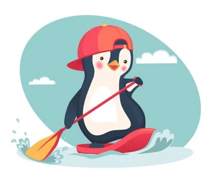 Penguin floating on a SUP board Stock Illustration