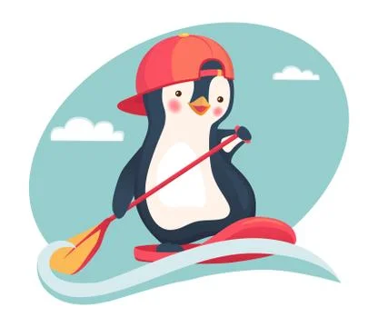 Penguin floating on a SUP board Stock Illustration