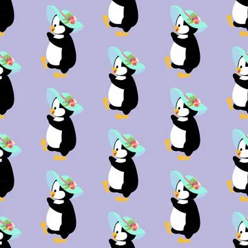 Penguin in hat with spring flowers seamless pattern Illustrazione stock