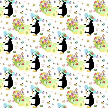 Penguin in hat with spring flowers seamless pattern Stock Illustration