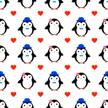 Penguin heart seamless vector pattern Stock Illustration