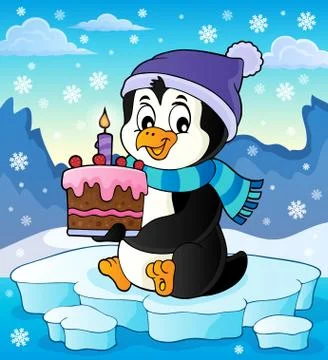 Penguin holding cake theme image 库存插图