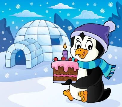 Penguin holding cake theme image 库存插图