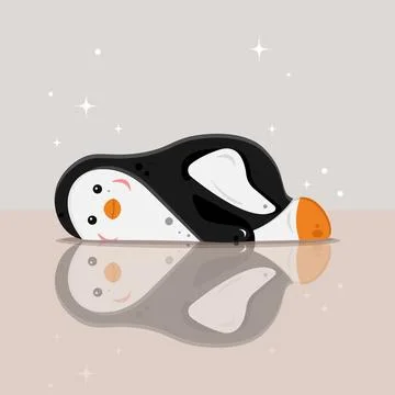 The penguin lies and its reflection is visible. Stock Illustration