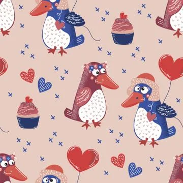 PENGUIN LOVE Valentine's Seamless Pattern Stock Illustration