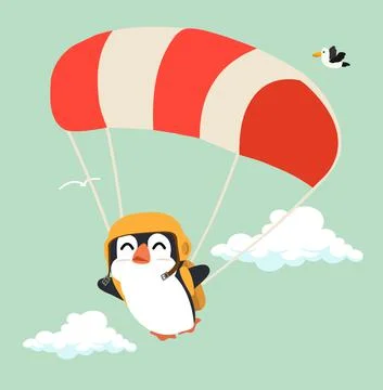 Penguin with parachute on sky イラスト素材