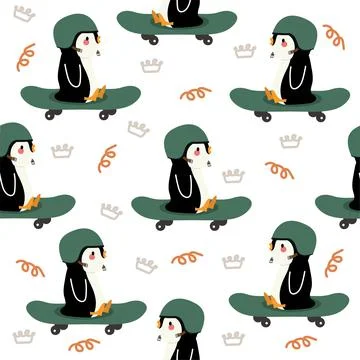 Penguin playing skateboard seamless pattern Stockillustratie