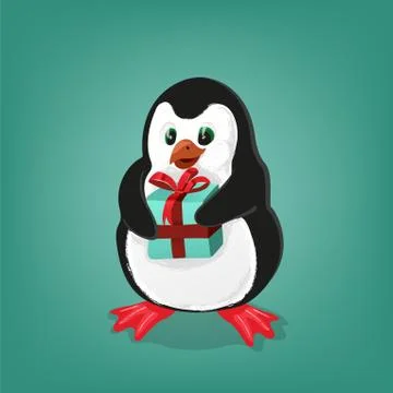 Penguin with present Christmas card vector illustration Stock Illustration