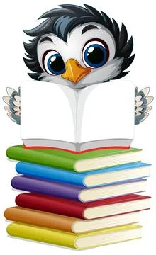 Penguin Reading on Colorful Book Stack Illustrazione stock