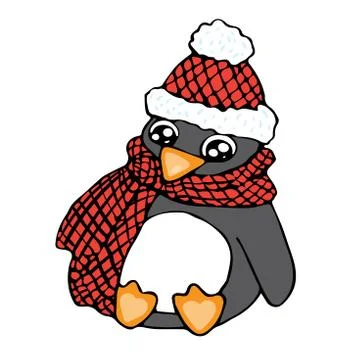 Penguin with red hat and checked scarf in doodle style isolated on white back Stock Illustration