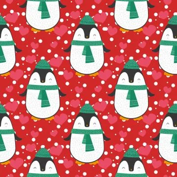 Penguin seamless pattern background. Cute Christmas cartoon doodle vector ill Stock Illustration