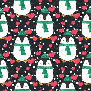 Penguin seamless pattern background. Cute Christmas cartoon doodle vector ill Stock Illustration