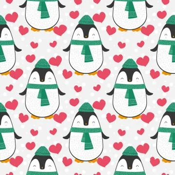Penguin seamless pattern background. Cute Christmas cartoon doodle vector ill Stock Illustration