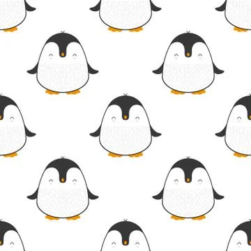 Penguin seamless pattern background. Cute Christmas cartoon doodle vector ill Stock Illustration