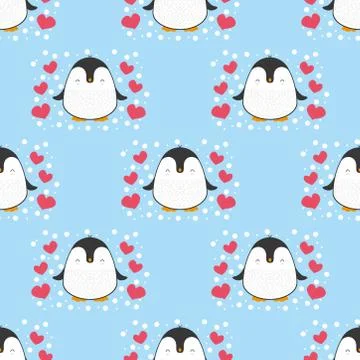 Penguin seamless pattern background. Cute Christmas cartoon doodle vector ill Stock Illustration
