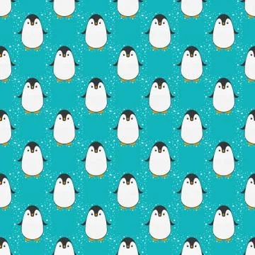 Penguin seamless pattern background. Cute Christmas cartoon doodle vector ill Stock Illustration