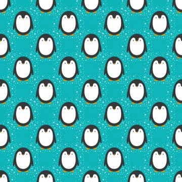 Penguin seamless pattern background. Cute Christmas cartoon doodle vector ill Stock Illustration