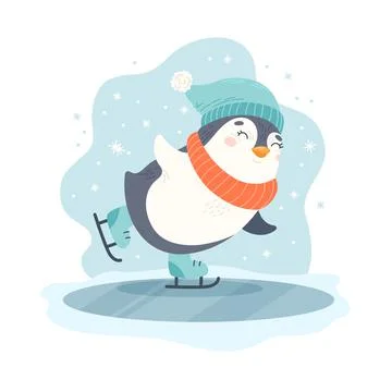 Penguin skating. Winter character with hat and scarf ice skates on ice rink Stock-Illustration