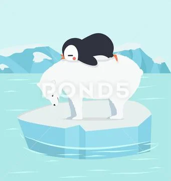Penguin sleeping with polar bear at North pole Arctic background ...