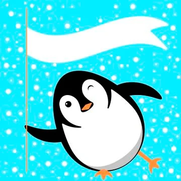 Penguin slides on the ice, winks, holds a flag with space for text. Vector ca Stock Illustration